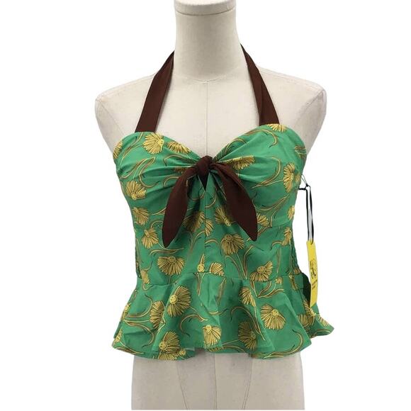 UNIQUE VINTAGE 6-8 M Green Floral Retro Pinup Peplum Halter Blouse Top NWT B116 - Picture 3 of 8